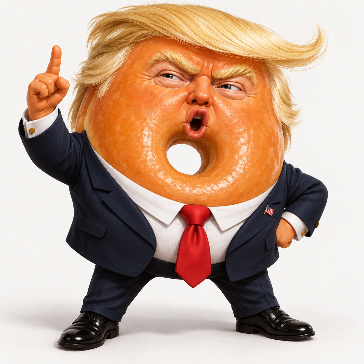 A satirical orange donut candidate in a navy suit, red tie and blond hair, raising one finger.